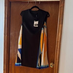 Black and Multicolor Geometric Mini Dress with Side Pleats Panel